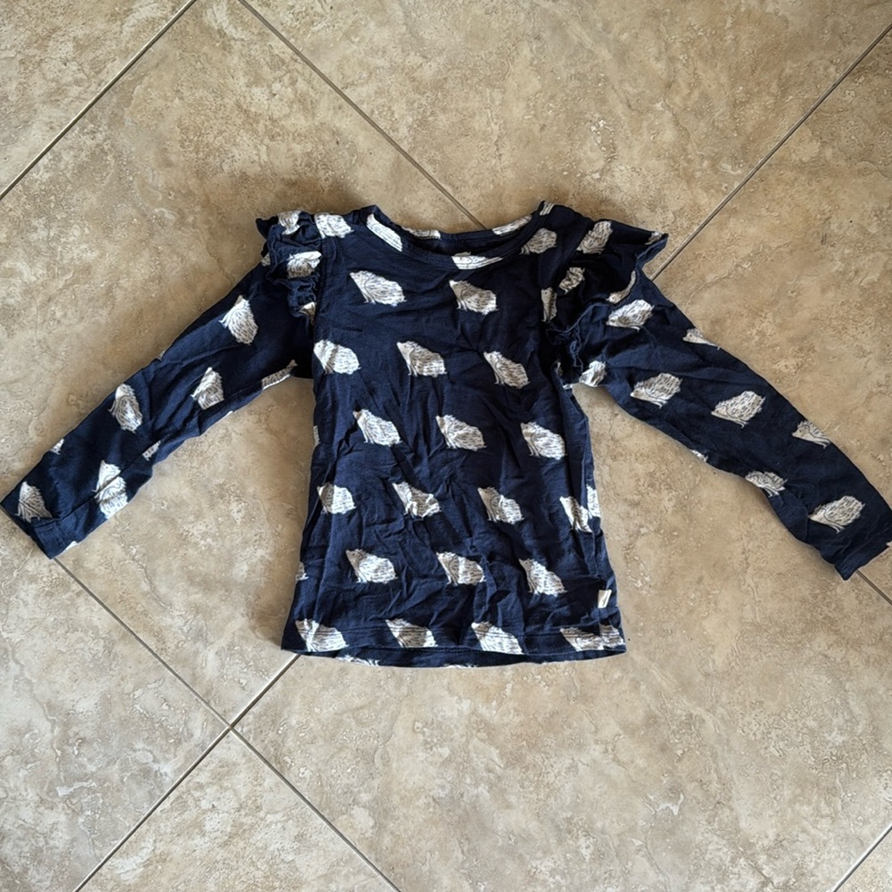 monica + andy navy hedgehog long sleeve ruffle shirt, size 6/7